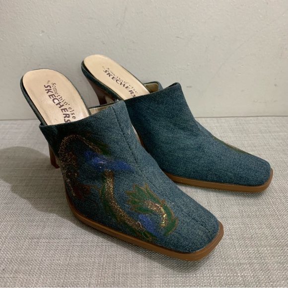 Women’s VINTAGE 90’s Y2K Blue DENIM High Heel GLITTER Painted MULES Shoes  7 - Picture 2 of 5